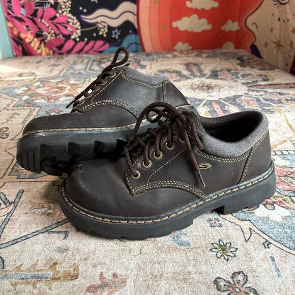 Vintage Sketchers 90s Chunky Brown Sneakers Lace Up Boots Size 6 Women's Y2K - Picture 1 of 13